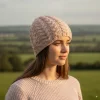 Hand-Knitted Supersoft Merino Beanie Unlined With Tradition Aran Stitching Pink YLC5