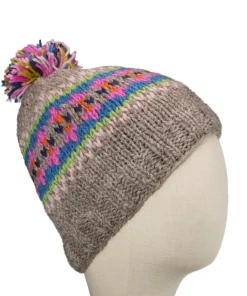 Hand-knitted Wool Bobble Beanie Grey and Pink Fleece Lined With Pompom NK012 - Image 3