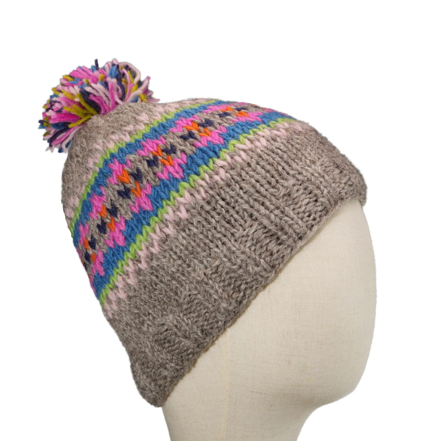 Hand-knitted Wool Bobble Beanie Grey and Pink Fleece Lined With Pompom NK012 - Image 3
