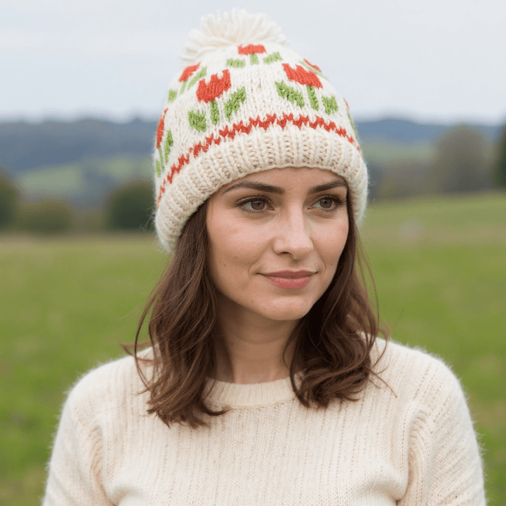 Hand-knitted Wool Bobble Beanie Tulip Design Cream KS001PP Fine Knit
