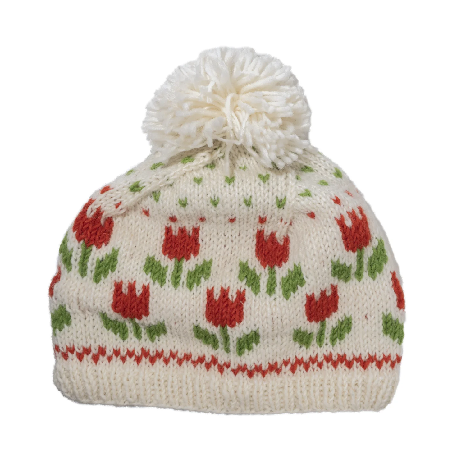 Hand-knitted Wool Bobble Beanie Tulip Design Cream KS001PP Fine Knit - Image 2