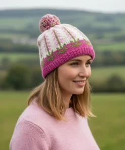 Hand-knitted Wool Foxgloves Design Bobble Beanie Pink PN030 Fine Knit