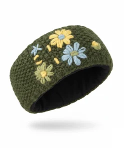 Alternative view of Hand Knitted Pure Wool Moss Stitch Headband With Embroidered Flowers HB075 Green