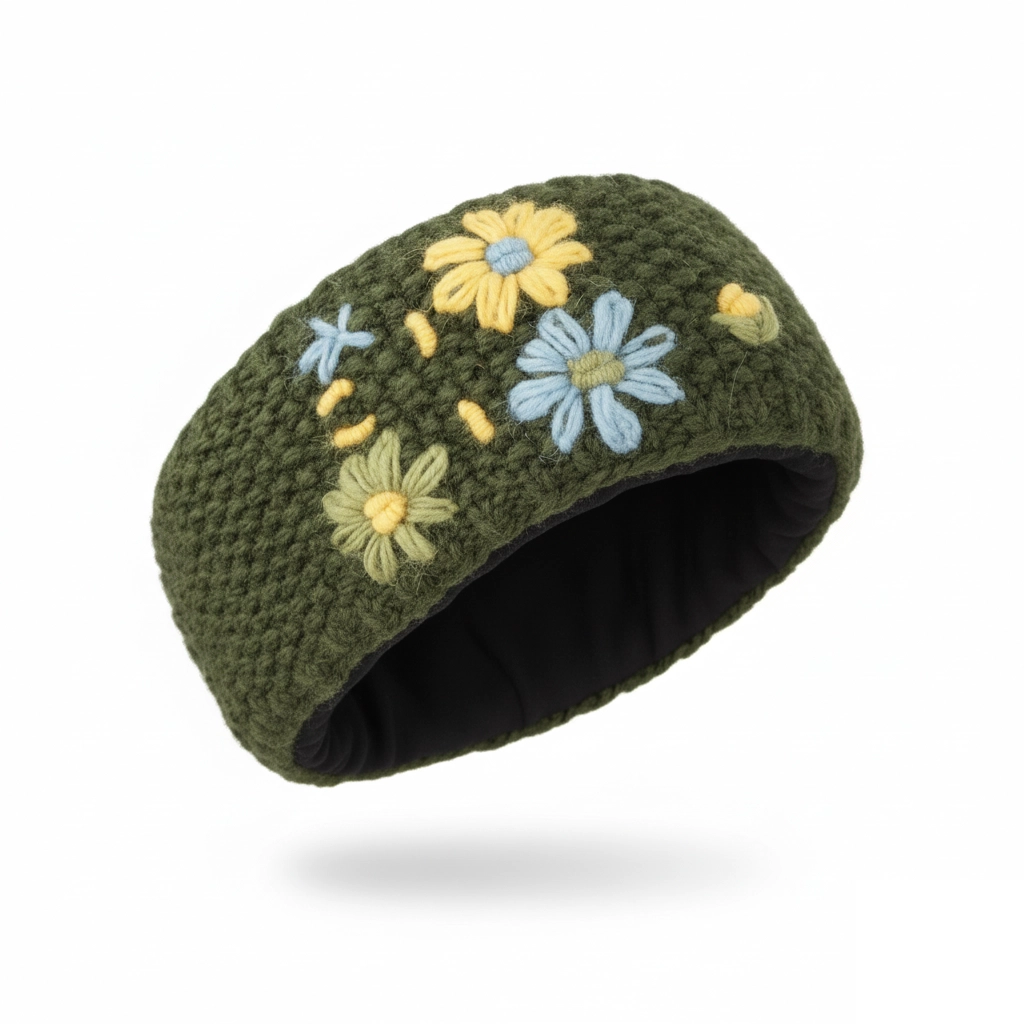 Hand Knitted Pure Wool Moss Stitch Headband With Embroidered Flowers HB075 Green - Image 2