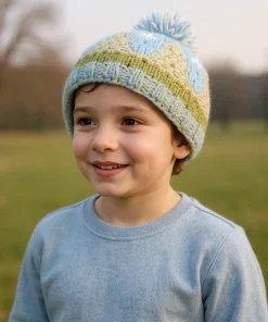 Kids Pure Wool Hand-knit Bobble Beanie Blue PN098