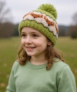 Kids Pure Wool Hand-knit Fox Bobble Beanie Green PN093 Fine Knit