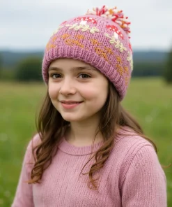 Kids Pure Wool Hand-knit Mushroom Bobble Beanie Pink PN053 Fine Knit