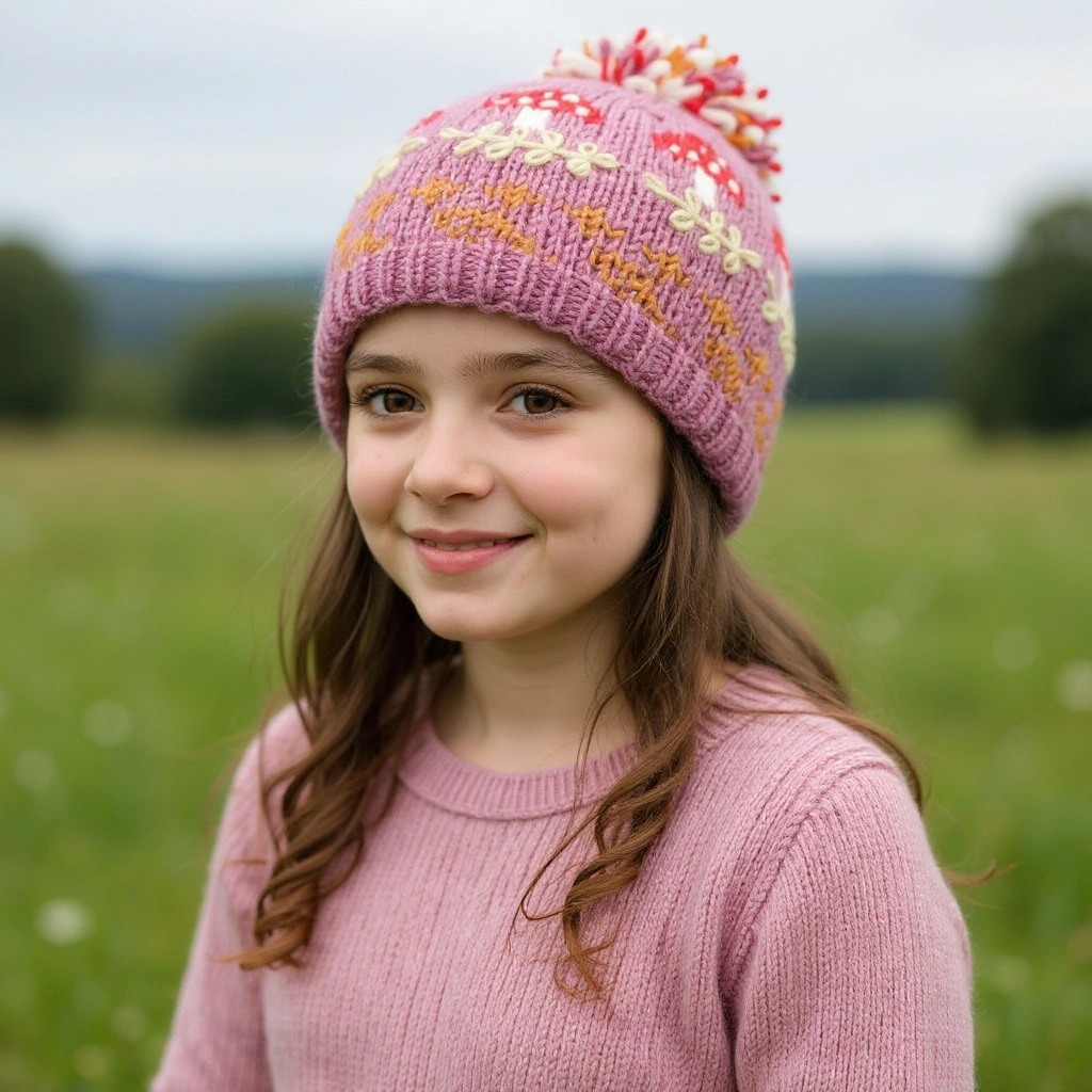 Kids Pure Wool Hand-knit Mushroom Bobble Beanie Pink PN053 Fine Knit