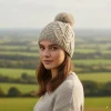 Merino Bobble Beanie Unlined With Tradition Aran Stitching 100% Merino Wool Light Grey YLB1