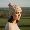 Merino Bobble Beanie Unlined With Tradition Aran Stitching 100% Merino Wool YLB4 Beige