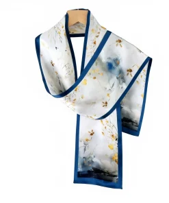 Alternative view of 100% Mulberry Silk Scarf Versatile Double-sided Long Scarf Ink Wash Painting Design Blue