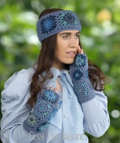 Pure Wool Blue And Multicolored Hand Knitted Fleece Lined Fingeless Mittens Or Handwarmers 86