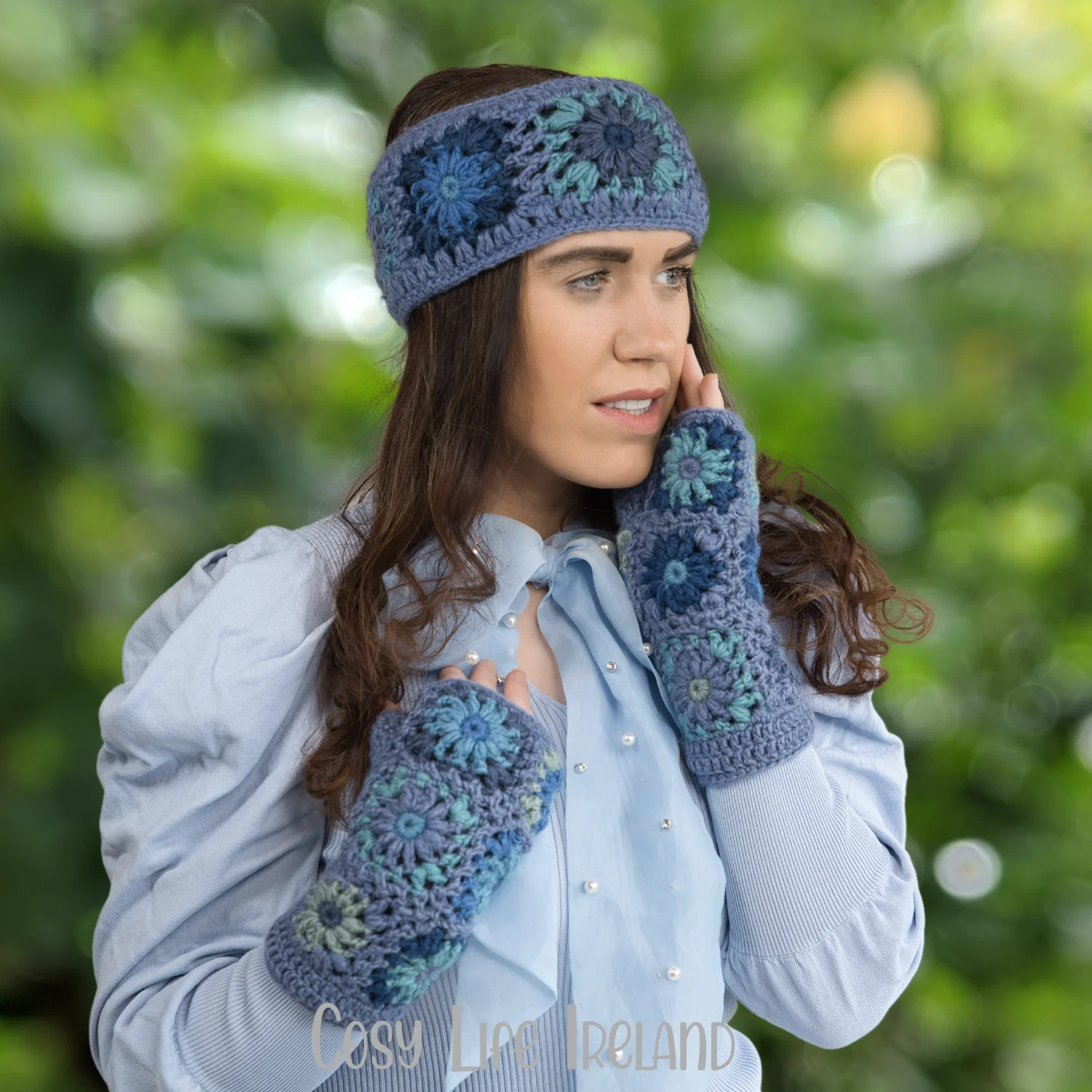 Pure Wool Blue And Multicolored Hand Knitted Fleece Lined Fingeless Mittens Or Handwarmers 86