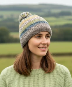 Pure Wool Hand-knit Fair Isle Bobble Beanie Green PN012PP Fine Knit