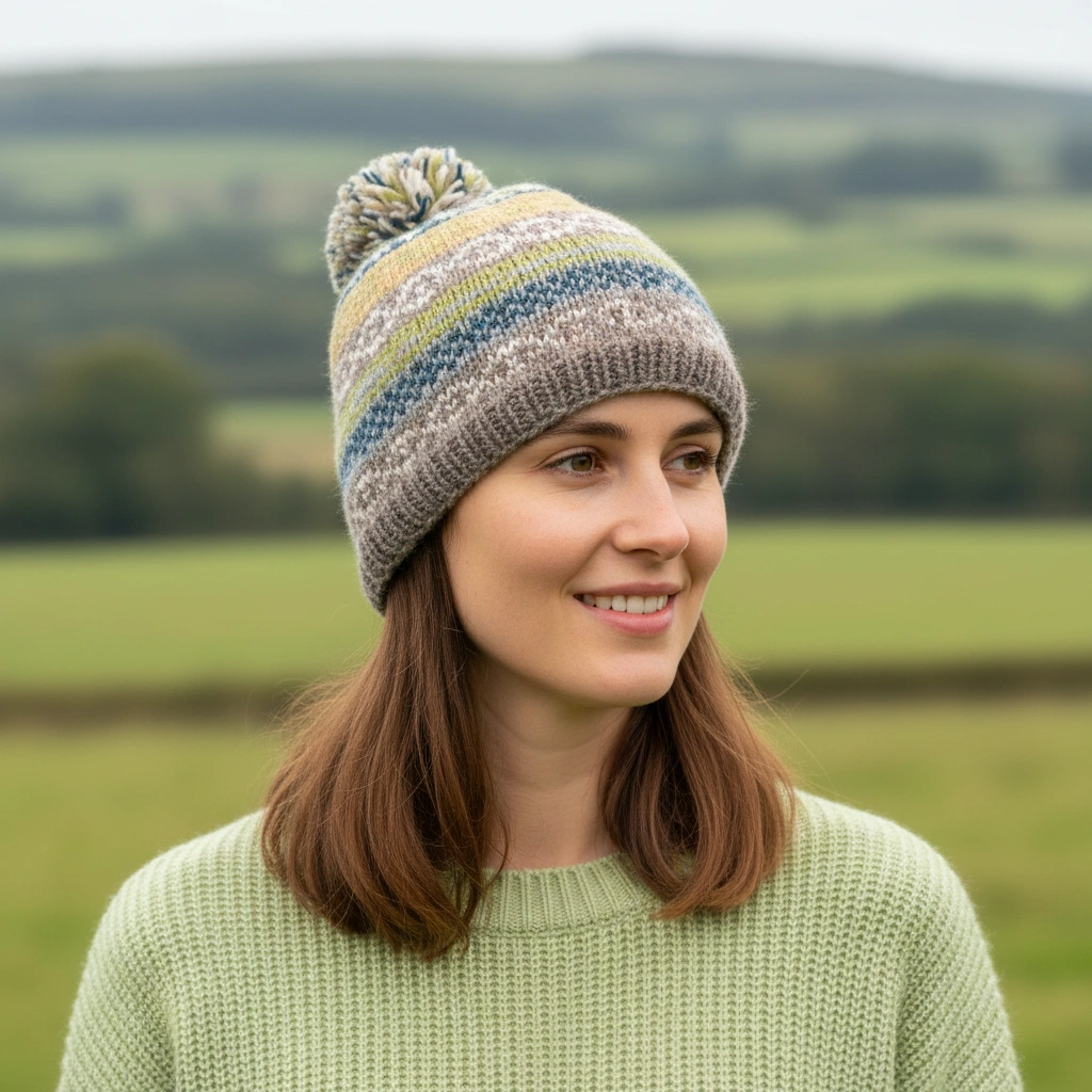 Pure Wool Hand-knit Fair Isle Bobble Beanie Green PN012PP Fine Knit