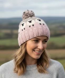 Pure Wool Hand-knitted Bobble Beanie PN005PP Sheep Design Pink