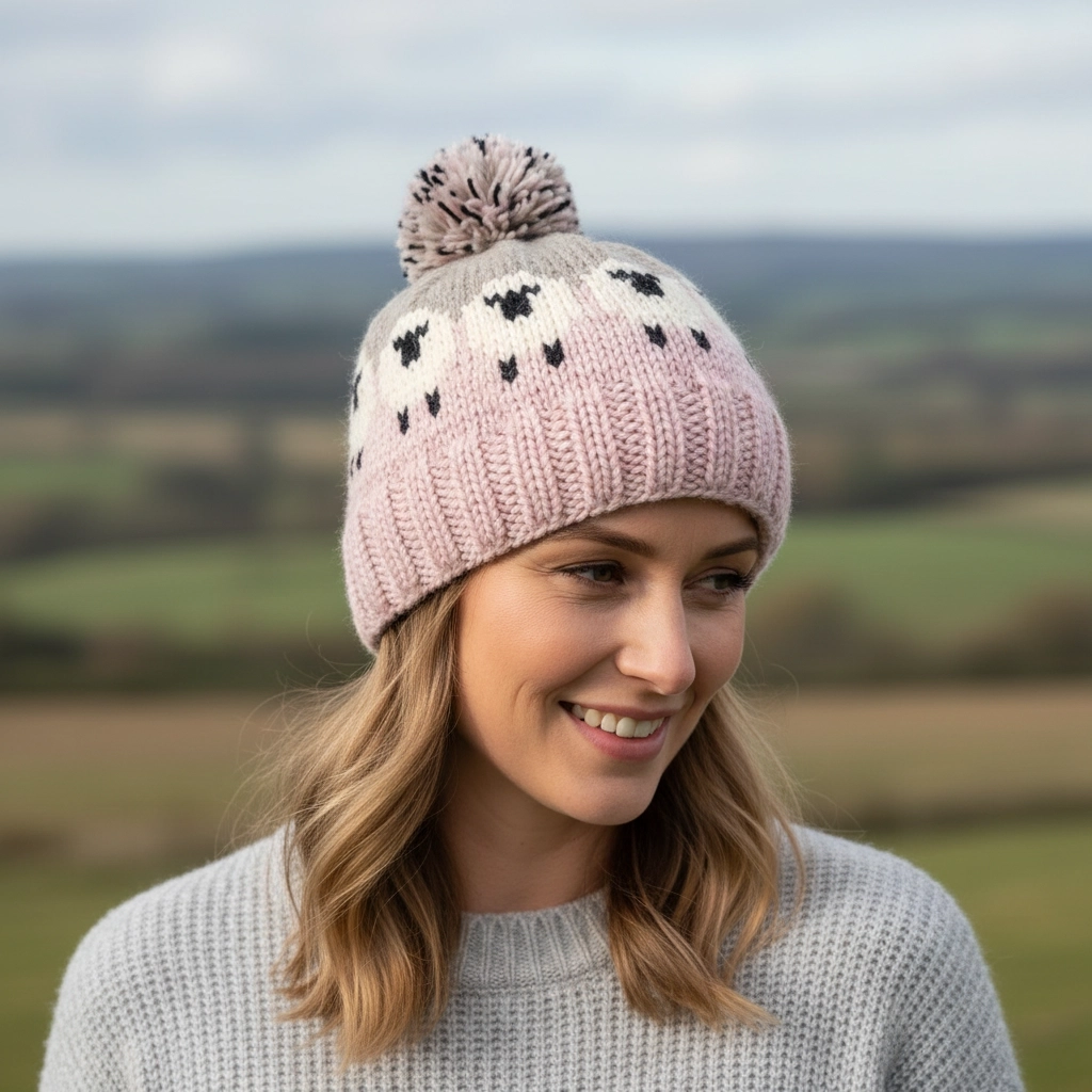 Pure Wool Hand-knitted Bobble Beanie PN005PP Sheep Design Pink