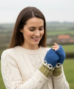 Pure Wool Hand Knitted Fingerless Mitten or Handwarmer PN016HW Olive Green Blue