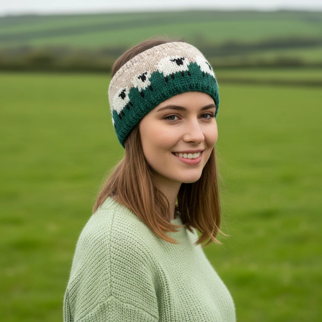 Pure Wool Hand Knitted Headband and Ear Warmer Sheep PN005HB Dark Green Fine Knit