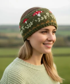 Pure Wool Hand Knitted Headband Mushroom PN015HB Olive Green Fine Knit