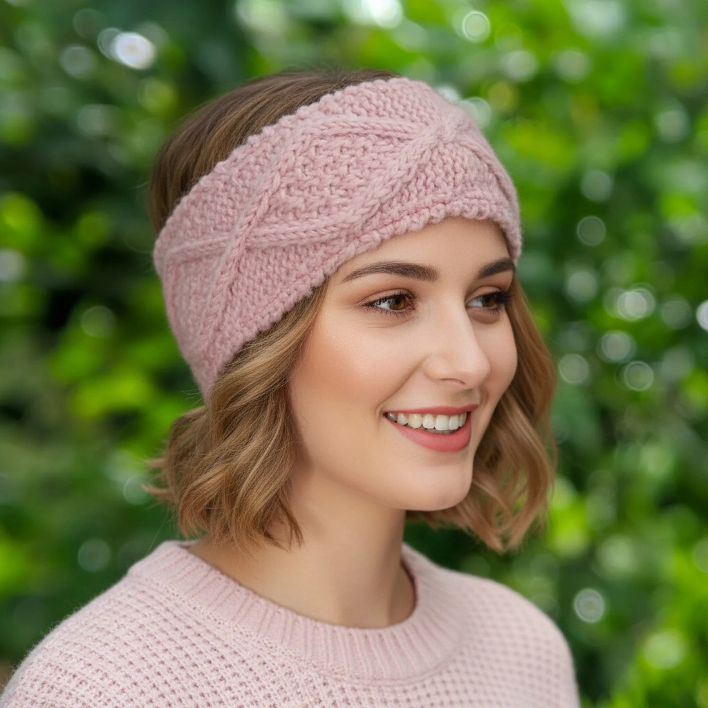 Pure Wool Hand Knitted Headband Or Ear Warmer Aran Diamond Cable Knit KS16 Fine Knit