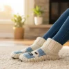 Pure Wool Handknit Indoor Ladies Slipper Socks Fleece Line With Sheep Design SL001LA Blue