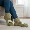 Pure Wool Handknit Ladies Slipper Socks Fleece Line With Sheep Design SL001LA Green