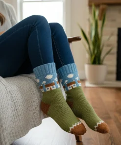 Pure Wool Warm Ladies Winter Socks Fleece Lined Irish Cottage Design PNSK008 Fine Knit