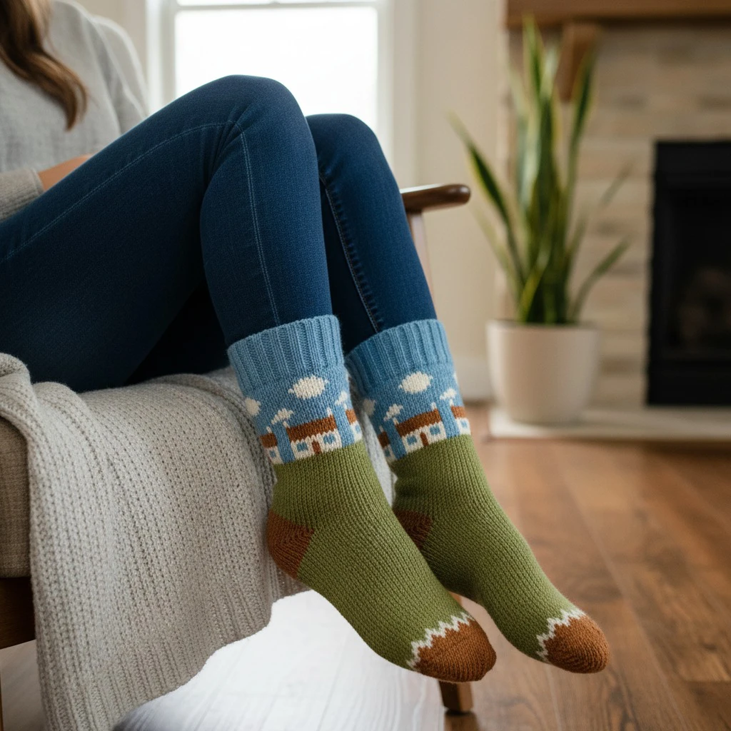 Pure Wool Warm Ladies Winter Socks Fleece Lined Irish Cottage Design PNSK008 Fine Knit