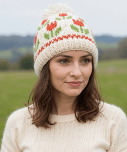 Hand-knitted Wool Bobble Beanie Tulip Design Cream KS001PP Fine Knit