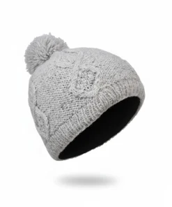 Hand knit Wool Winter Hat Aran Diamond Bobble Beanie Light Grey PN007 Fine Knit - Image 2