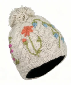 Alternative view of Hand-knit Pure Wool Bobble Beanie Embroidery Irish Wild Flower Design PN038