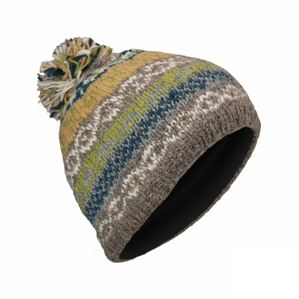 Pure Wool Hand-knit Fair Isle Bobble Beanie Green PN012PP Fine Knit - Image 2