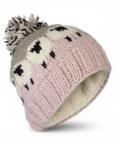 Alternative view of Pure Wool Hand-knitted Bobble Beanie PN005PP Sheep Design Pink