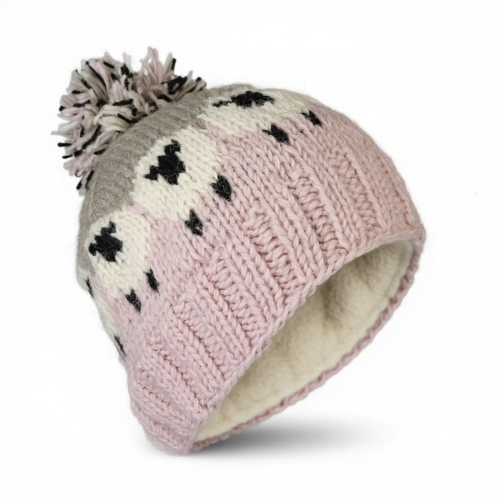 Pure Wool Hand-knitted Bobble Beanie PN005PP Sheep Design Pink - Image 2
