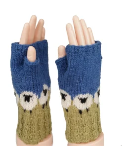 Alternative view of Pure Wool Hand Knitted Fingerless Mitten or Handwarmer PN016HW Olive Green Blue