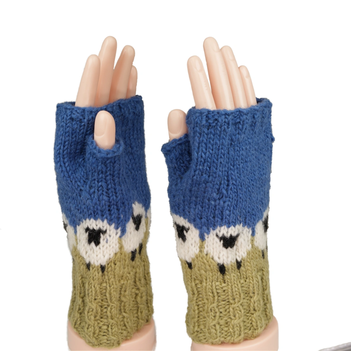 Pure Wool Hand Knitted Fingerless Mitten or Handwarmer PN016HW Olive Green Blue - Image 2