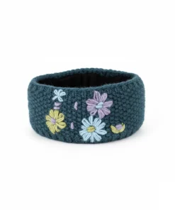 Alternative view of Hand Knitted Pure Wool Moss Stitch Headband With Embroidered Flowers HB075 Teal