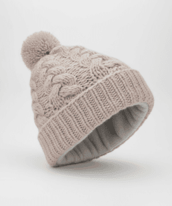 Alternative view of Hand knit Pure Wool Bobble Beanie Winter Hat Aran Cable Knit Beige RC15PP