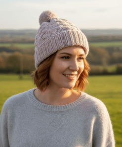 Hand knit Pure Wool Bobble Beanie Winter Hat Aran Cable Knit Beige RC15PP