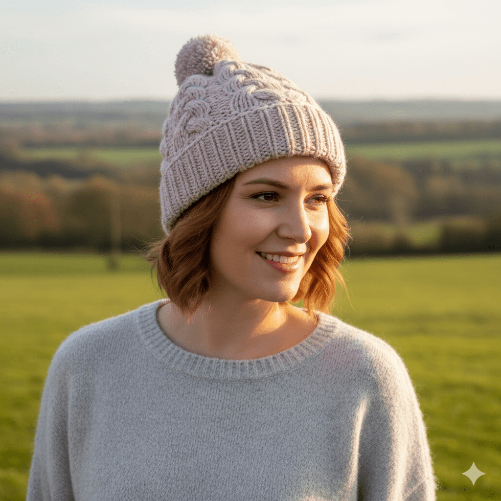 Hand knit Pure Wool Bobble Beanie Winter Hat Aran Cable Knit Beige RC15PP