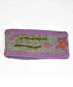 Alternative view of Hand Knitted Pure Wool Headband With Embroidered Flowers HB083 Fine Knit Light Purple