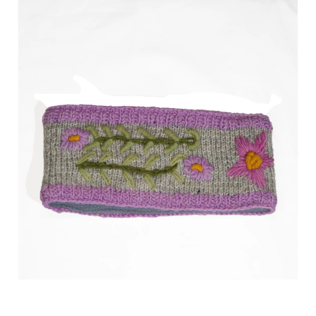 Hand Knitted Pure Wool Headband With Embroidered Flowers HB083 Fine Knit Light Purple - Image 2