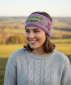 Hand Knitted Pure Wool Headband With Embroidered Flowers HB083 Fine Knit Light Purple