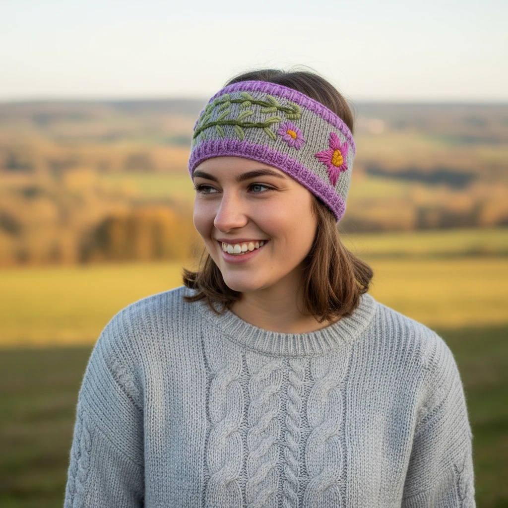 Hand Knitted Pure Wool Headband With Embroidered Flowers HB083 Fine Knit Light Purple