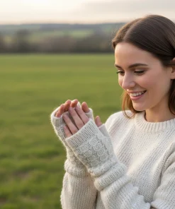 Pure Wool Hand Knitted Fingerless Mitten or Handwarmer Finer Cable Knit Cream NK02