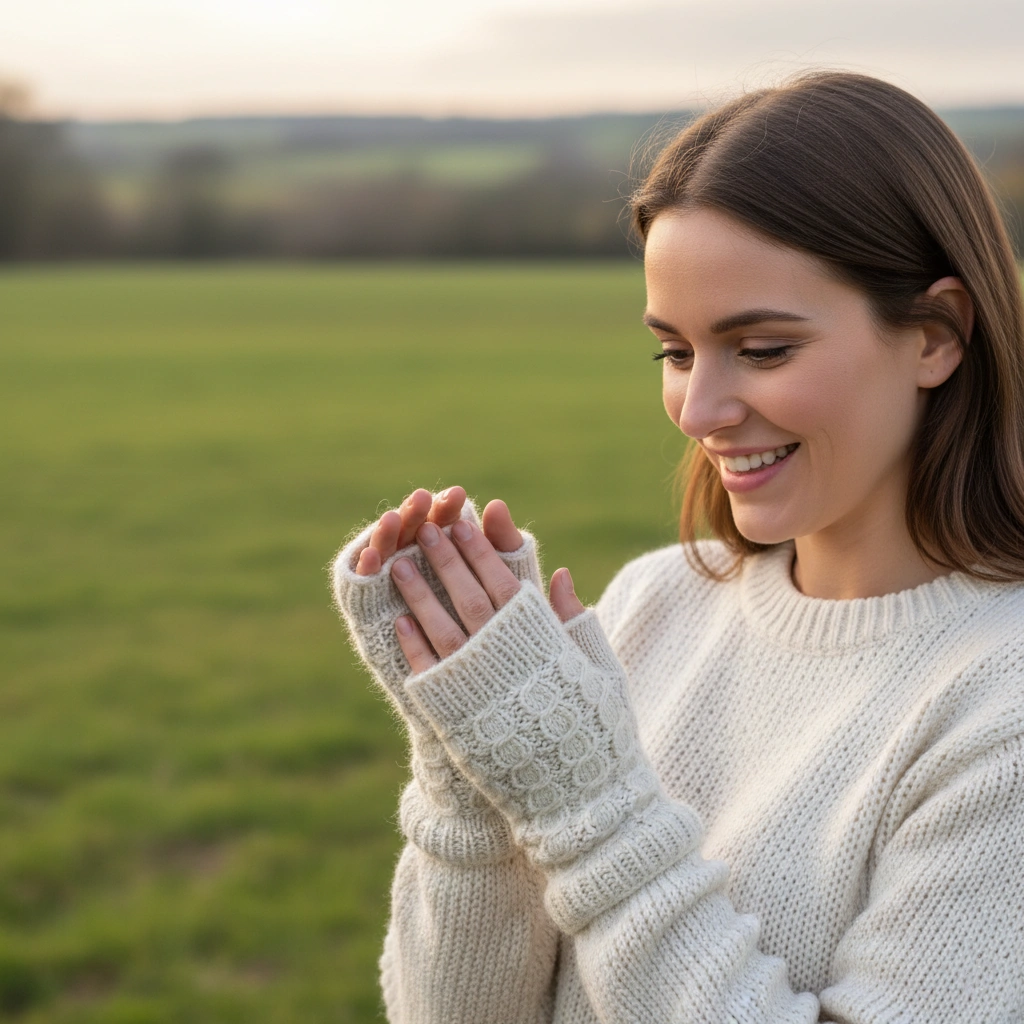 Pure Wool Hand Knitted Fingerless Mitten or Handwarmer Finer Cable Knit Cream NK02