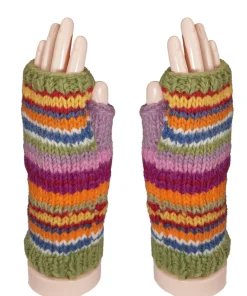 Alternative view of Pure Wool Hand Knitted Fingerless Mittens or Handwarmers PN045HW Multicoloured Strip