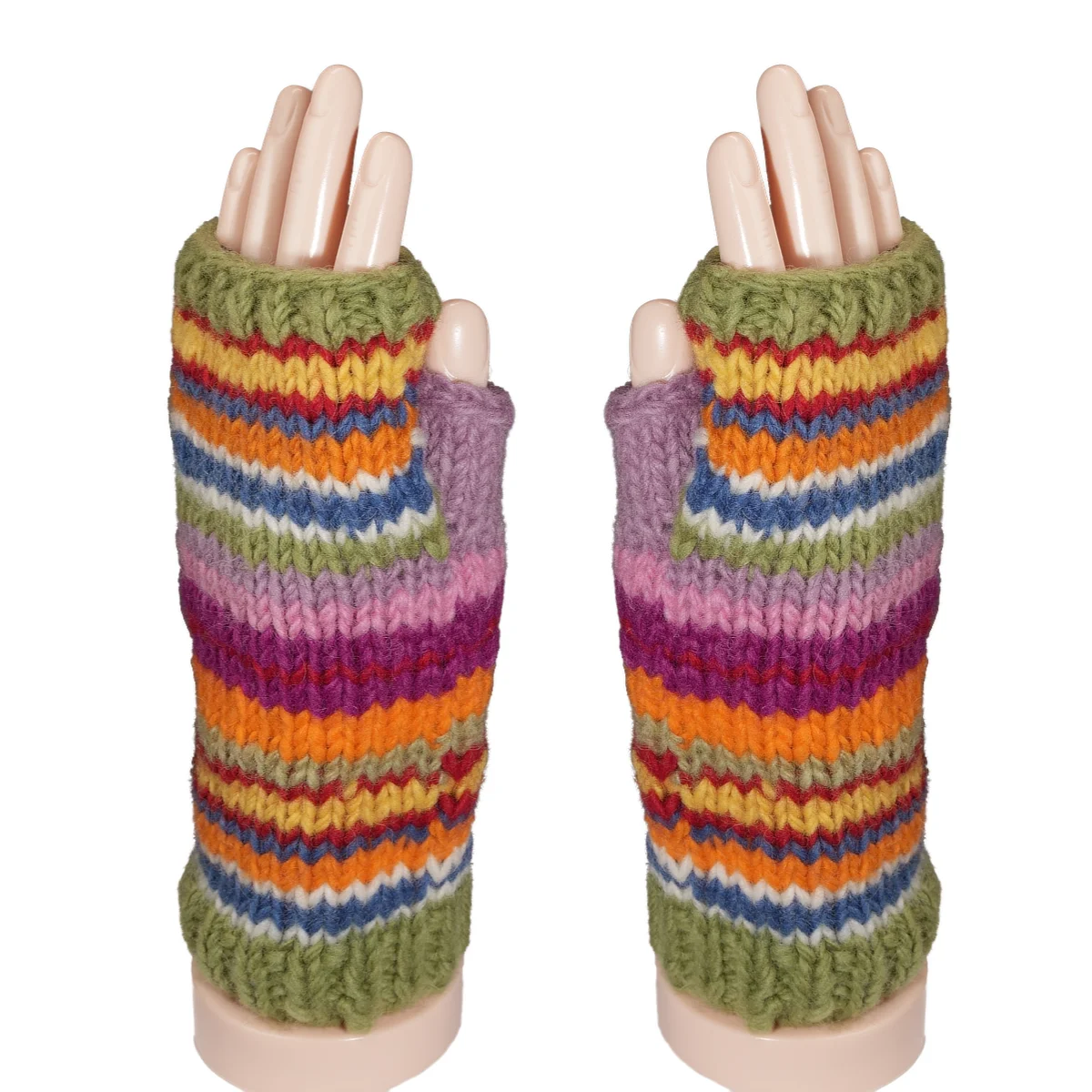 Pure Wool Hand Knitted Fingerless Mittens or Handwarmers PN045HW Multicoloured Strip - Image 2