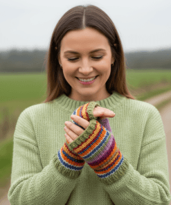 Pure Wool Hand Knitted Fingerless Mittens or Handwarmers PN045HW Multicoloured Strip